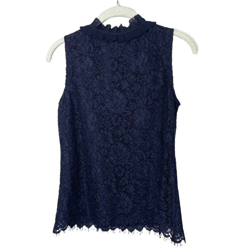 J. Crew Navy Blue Lace Ruffle‎ Neck Sleeveless Tank Top XS